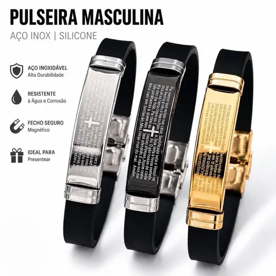 Pulseira Masculina Ajustavel Pai Nosso Borracha Resistente Prata/ Dourado