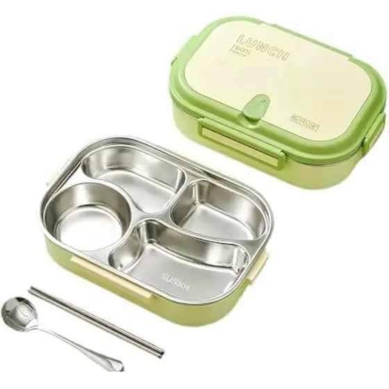 Lancheira isolada, recipiente para lanche com 4 compartimentos à prova de vazamentos, aço inoxidável e plástico durável,