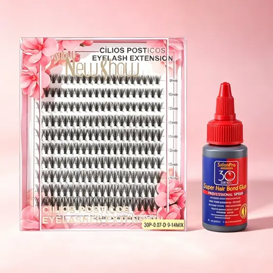 Kit Cílios Extensão Newshow 200 Fios 20P/30P/40P D Curl Tufos sem Nó Volume + Cola SalonPro