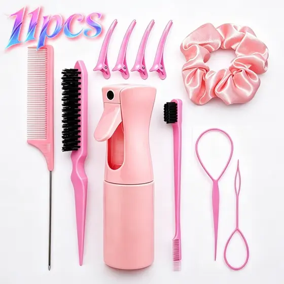 Kit 11 Peças Pente Rabo de Rato Borrifador Ferramenta Trança Clipes Bico de Pato Scrunchie Cetim