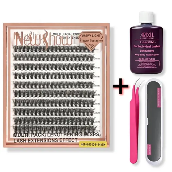 Kit completo NEWSHOW Cílios Postiços 200 Peças Mix 9-14mm + Cola Profissional + Pinça