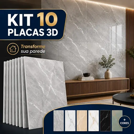 Kit 10 Placas de Parede 3D Adesivas Mármore Auto Colante Relevo Parede Impermeável 30x60cm Lavável