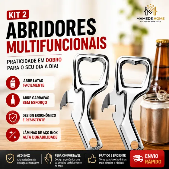 Kit 2 Abridor de Latas e garrafas Resistente Aço inox Cozinha Cerveja bar Abridores Multifuncional
