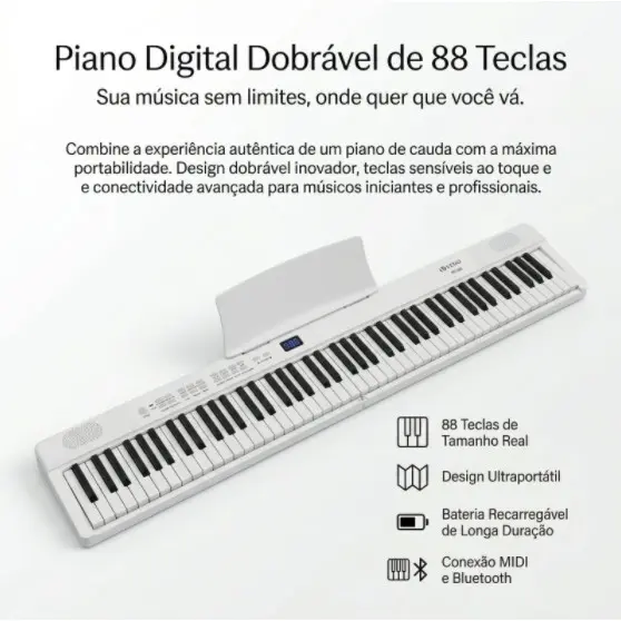 Piano dobrável de 88 teclas, piano elétrico sensível ao toque para iniciantes, teclado portátil, com suporte para partit