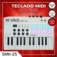 M-WAVE Controlador de teclado MIDI USB de 25 teclas com 8 pads de bateria retroiluminados, 8 botões e 2 faixas tácteis