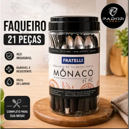 Conjunto de Talheres Mônaco 21 Peças Preto com Pote Organizador Kit Inox para Cozinha Viagem Churrasco Piquenique