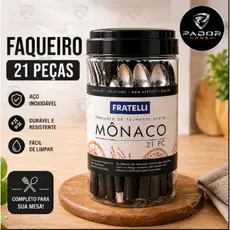 Conjunto de Talheres Mônaco 21 Peças Preto com Pote Organizador Kit Inox para Cozinha Viagem Churrasco Piquenique