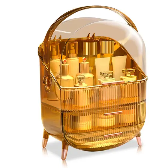 Porta Maquiagem Perfume Cosméticos Com Tampa Duas Gavetas Âmbar