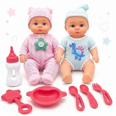 Boneca Bebê com Acessórios 2 Bonecas Kit Alimentação Mamadeira Prato Talheres e Chocalho Infantil