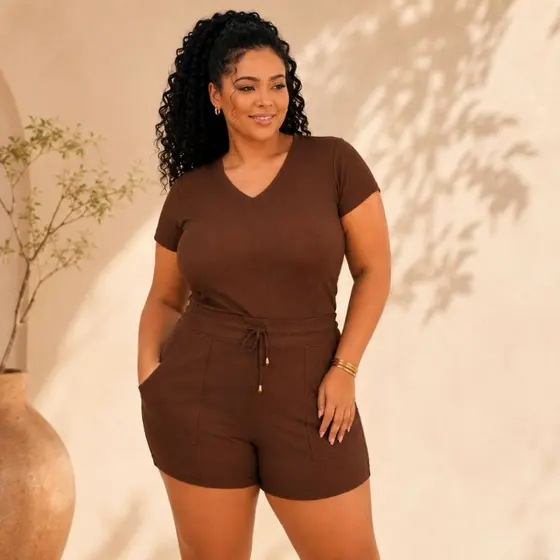Conjunto Feminino Gola V Blusa e Bermuda Canelada Elegante Casual Básico P ao G2 Plus Size