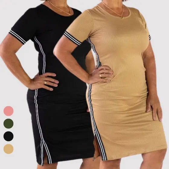 Vestido Feminino Fenda Fita Lateral Elegante Manga Curta Midi Modela o Corpo Malha Canelada