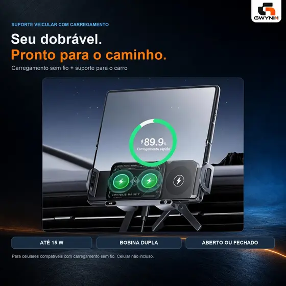 [Pronta Entrega]Carregador Veicular Sem Fio 15W para Celular de Tela Dobrável com Suporte Automático e Rotação 90°