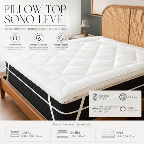 Pillow Top Protetor de Colchão 5mm com Elástico - Casal / Queen / King - Extra Macio Anti Ácaro