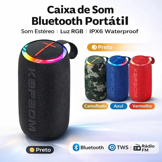 Caixa de Som Bluetooth 100W RGB Resistente Água IPX6 | Som Potente TWS/FM/USB/TF
