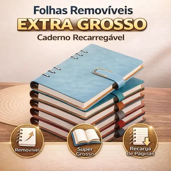 Caderno A5 De Folhas Removíveis Com mais 100 folhas Extras Para Estudo e Escritório