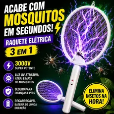 Raquete Mata Mosquito Elétrica Com Luz Atrai Mosquito Recarregavel USB 3000V