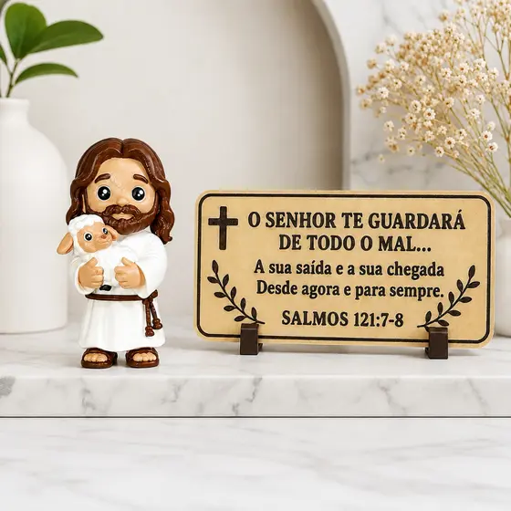 Kit Cristão Jesus Bom Pastor com Ovelha + Plaquinha Salmos 121 | Estatueta Decorativa