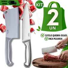 Cutelos 6' e Faca Peixeira 7' Aço Inox Escovado Cabo Inteiriço Cozinha Açougue Restaurantes Praticidade