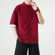 Estilo chinês Tang terno abotoado camisa asiática estilo chinês manga três quartos camisa de algodão Retro terno de mang