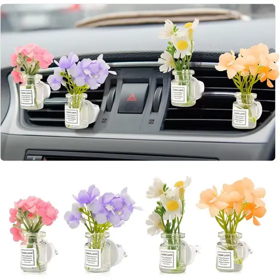 4 Pack Flowers Car Vent Clips, Cute Daisy Plants Vase Air Conditioning Outlet Clip with Fragrance Pads, Charm Scent Perf