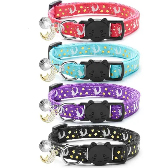 LAFAYI 4 Peças de Coleiras para Gatos com Sino, Lua e Estrelas, Coleira para Gatinhos Ajustável com Pingente Brilhante,