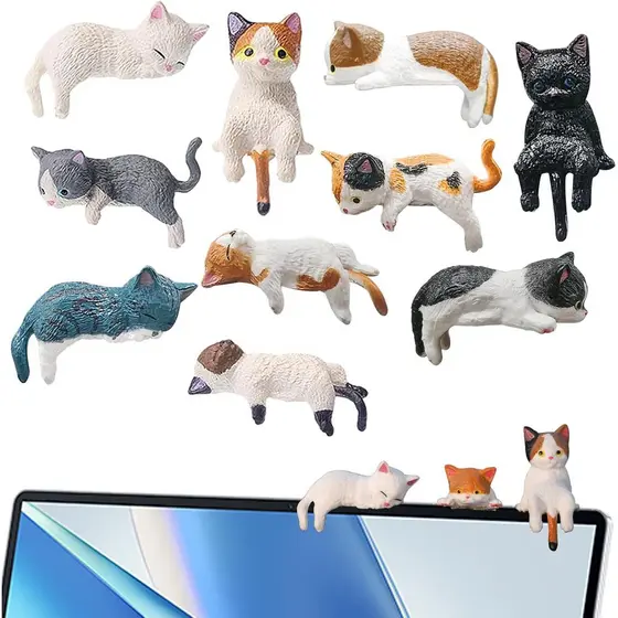 10 Peças de Mini Figuras de Gato para Acessórios de Mesa - Decorações de Gato em Resina Fofas para Monitor de Computador