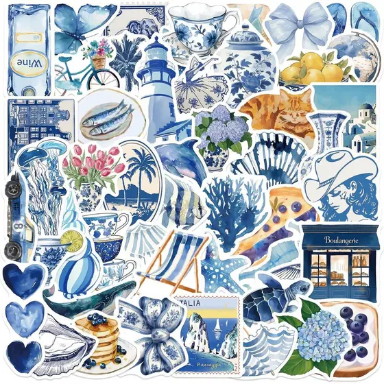 Pacote com 50 Adesivos Estéticos Azuis, Decalques Vintage de Fantasia para Laptop, Bagagem, Scrapbook, Diário, Kindle, S