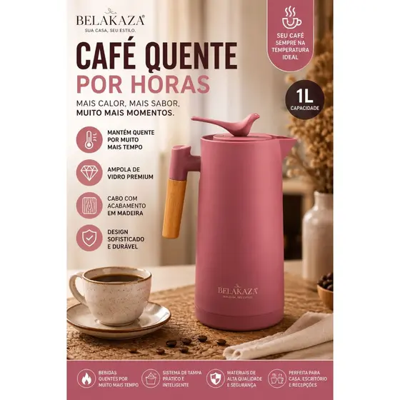 Garrafa Térmica Tampa Pássaro Cabo Madeira 1lt Café Quente