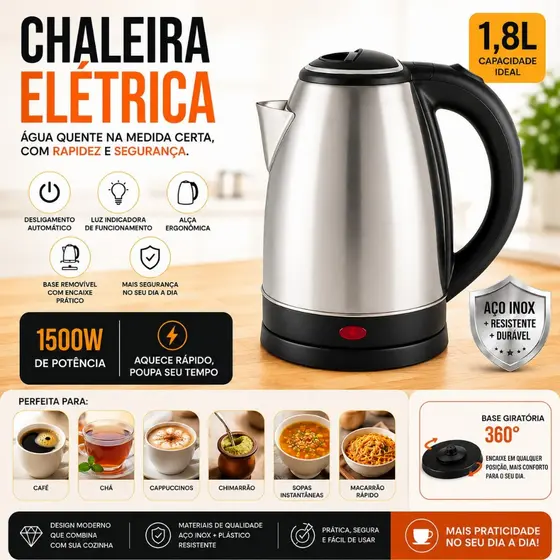 Chaleira Elétrica Inox 1.8L INOX Aquecimento Rapido Desligamento automatico Cozinha Café, Chá rapido.