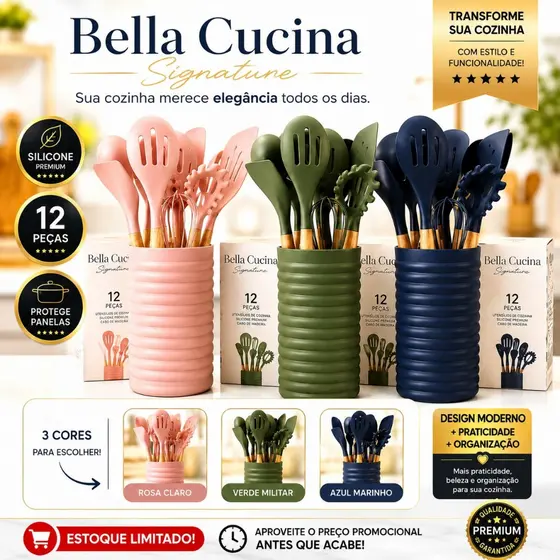 Kit Utensílios 12 itens, Espatulas E pegadores De Cozinha Em Silicone E Cabo De Madeira Varias Cores