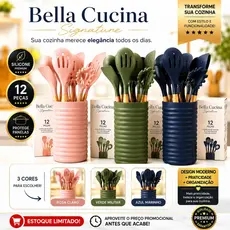 Kit Utensílios 12 itens, Espatulas E pegadores De Cozinha Em Silicone E Cabo De Madeira Varias Cores