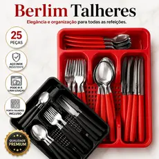 Jogo de Talheres Faqueiro Inox 25 Peças Com Porta Talher Preto e Vermelho com Suporte