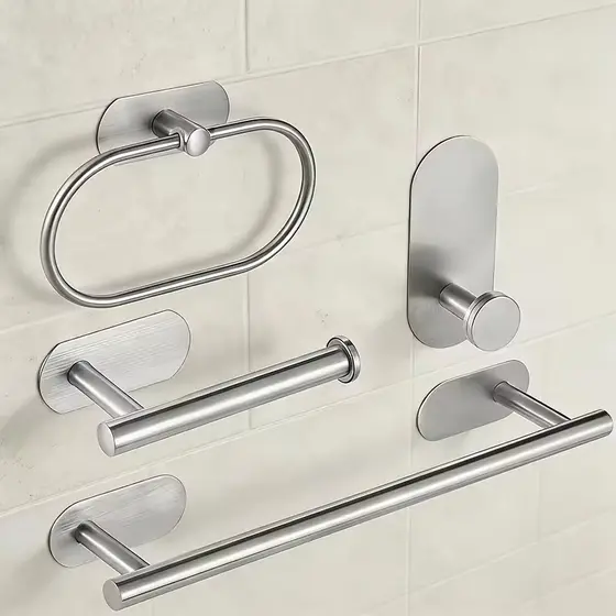 Kit 4 Peças para Banheiro  Porta Toalha, Porta Papel e Gancho  Aço Inox 304  Adesivo 3M  Sem Furo  Prata