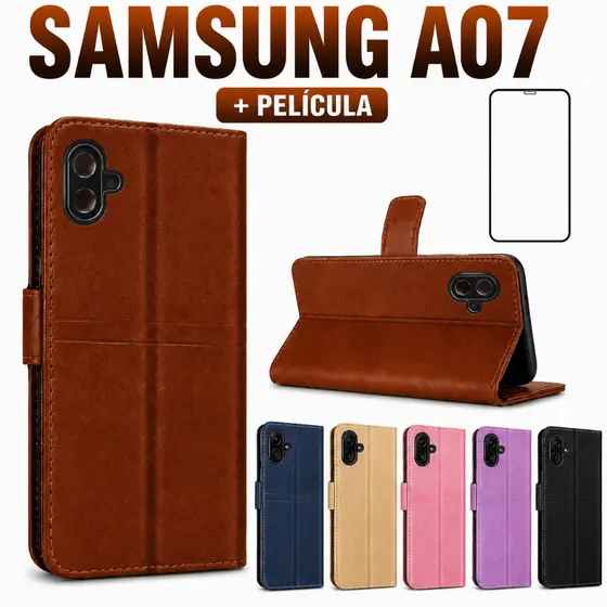 Galaxy Samsung A07 Capa Carteira Flip Magnética Preto Couro Porta Cartão Anti Impacto Suporte + Película 9D privacidade