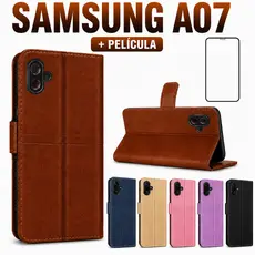 Galaxy Samsung A07 Capa Carteira Flip Magnética Preto Couro Porta Cartão Anti Impacto Suporte + Película 9D privacidade