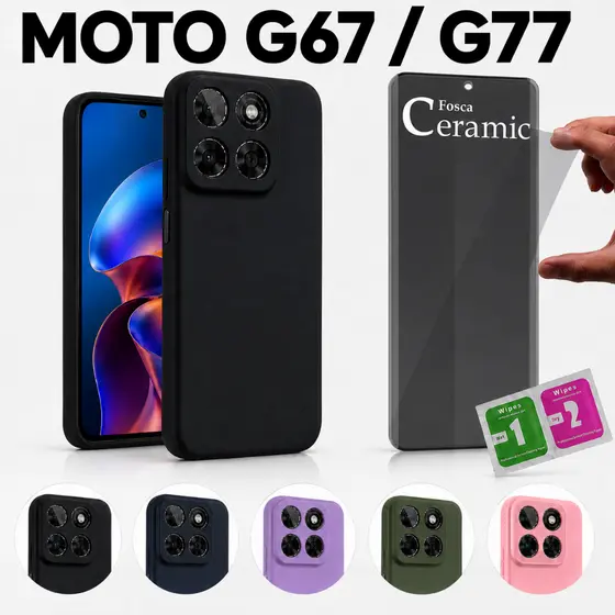 Motorola Moto G67 / G77 Capa Silicone Aveludada Premium Anti Impacto Proteção De Câmera + Película cerâmica privacidade