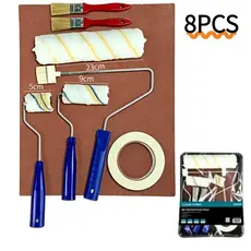 Kit de Pintura 8 Peças Composto Rolos Diversos Tamanhos Pincéis Fita Proteção Para Reformas