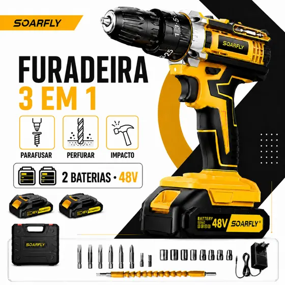SOARFLY Cordless Electric Impact Drill Driver 48V Battery 3 Functions Complete Kit Accessories
