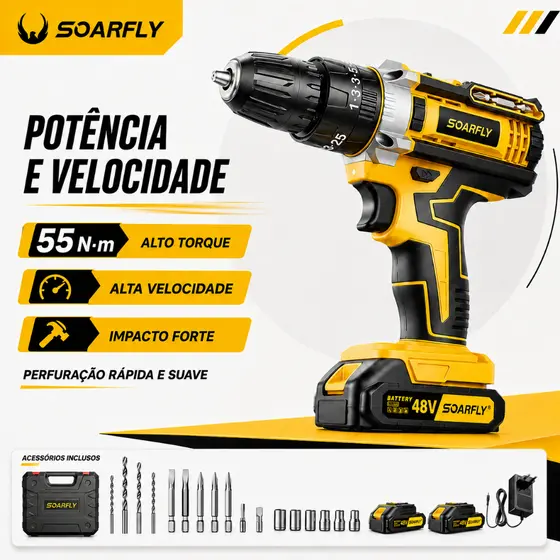 Parafusadeira Furadeira Sem Fio 48V Recarregáveis 2 Baterias Com Maleta e Acessórios 28pcs Completo