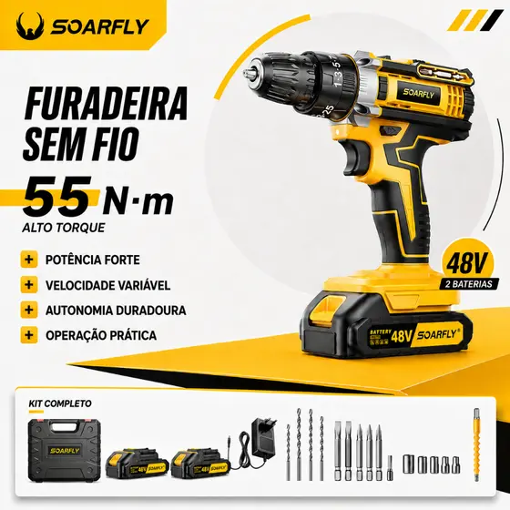 SOARFLY Parafusadeira Furadeira De Impacto Sem Fio 48V 2 Baterias Com Maleta e Acessórios Completo