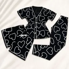 Kit Pijama Feminino 3 Peças Americano  Camisa Botões + Calça + Short Conforto Malha Amamentação