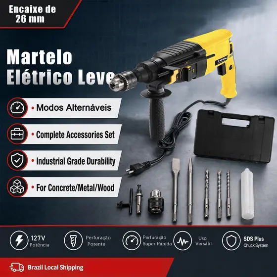 Martelete Rotativo SDS Plus Modelo 26 1300W Com Fio丨Perfuração e Cinzelamento丨Acompanha Maleta Completa