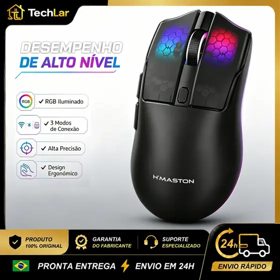 Mouse Gamer RGB Sem Fio MS18 Bluetooth 2.4G USB 12800DPI Recarregável Tipo-C