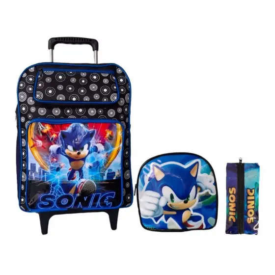 Kit Mochila escolar Grande com Rodinha + Lancheira e Estojo Personagem Ouriço Azul - Envio Imediato Em Mega Promoção
