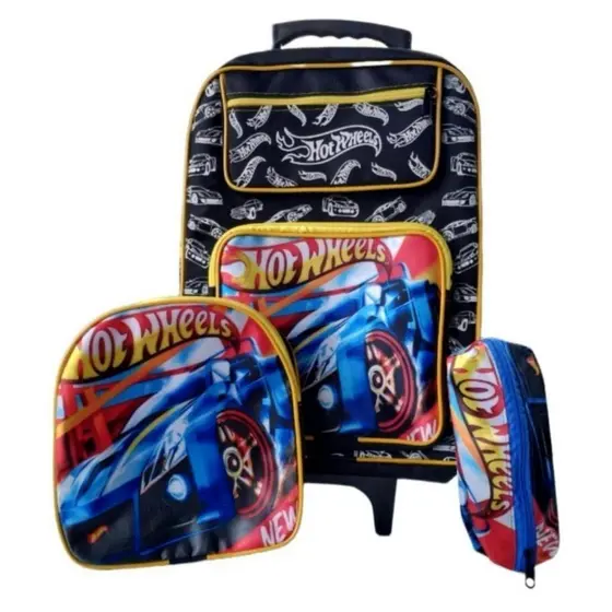 Kit Mochila Escolar Grande para Meninos Três Peças Bolsa Rodinhas Resistente com Lancheira e Estojo Combinando Hotwheels