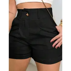 Short Linho Feminino Cintura Alta Bolso Faca Elegante Confortavel