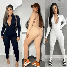 Macacão Longo Canelado 3D Premium Zíper Frontal Virgínia Moda Gringa Manga Longa