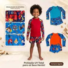 Conjunto Sunga + Camiseta proteção UV 50 infantil /Manga longa natação /Moda praia personagens /Autismo/Quebra-Cabeça