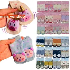 Kit 1-6 Pares Meia Infantil 3D com Chocalho de Bichinho Fofinha Bebê 0 a 24 meses - Menino e Menina Promo