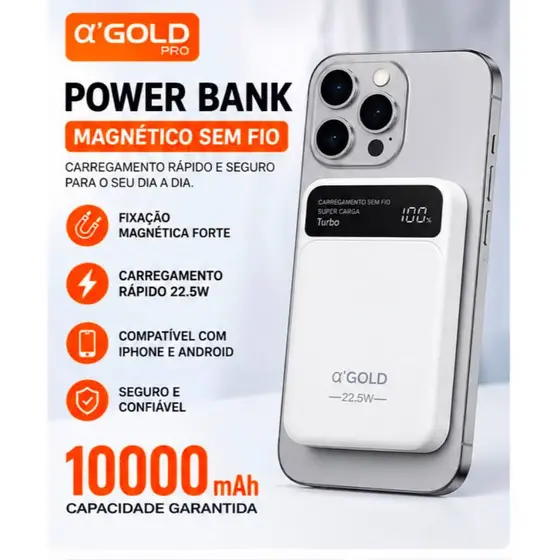 Power Bank Magnético 10000mAh 22,5W Carregador Portátil Sem Fio para Celular e Smartwatch com Anel Magnético